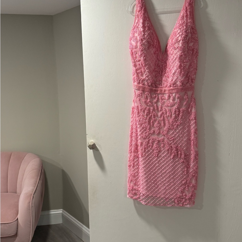 Primavera Couture Orange Pink Sheath Dress Plunge Neckline